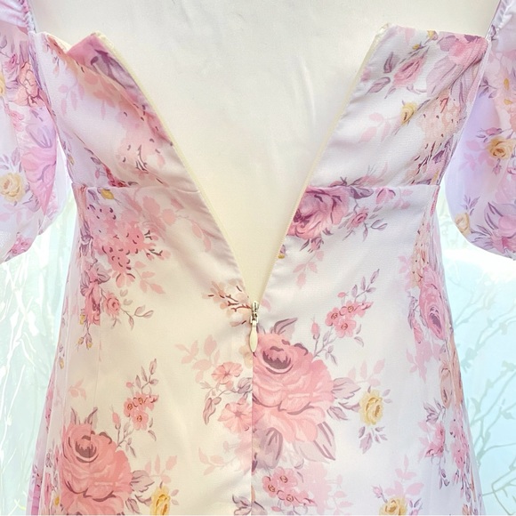 SOFIA THE LABEL white pink floral print GG tie front puffy sleeve mini dress - Picture 8 of 12